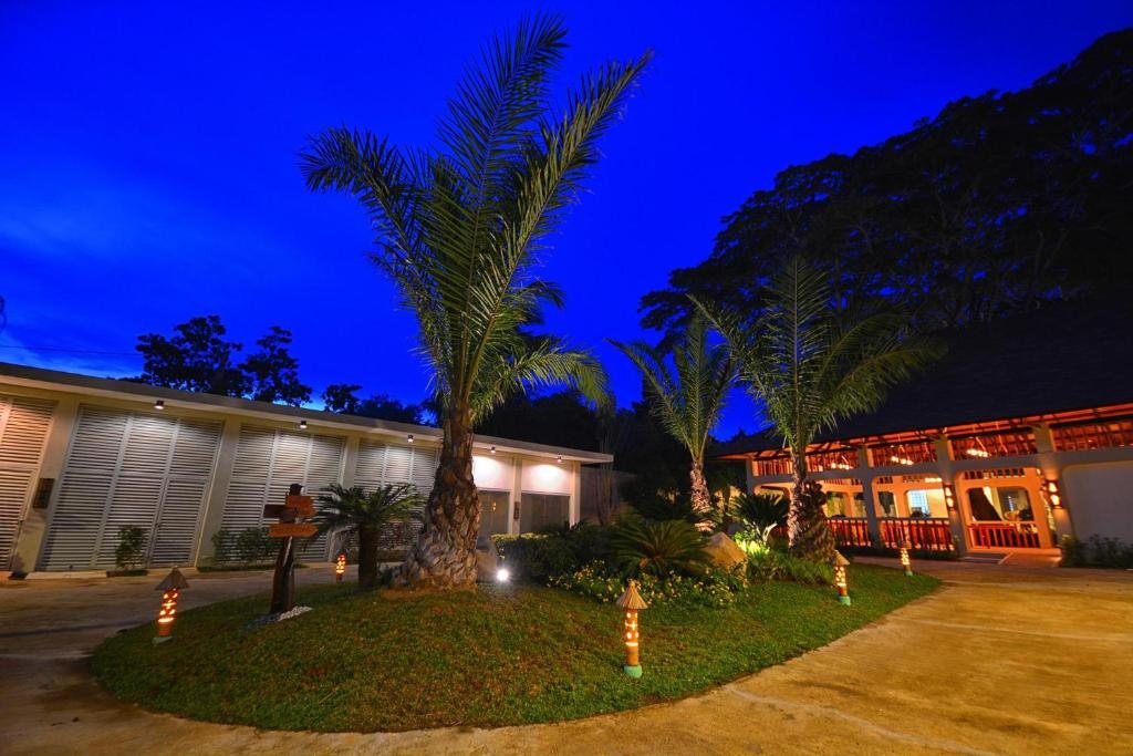Munting Paraiso's entrance driveway and palm-lined garden lit up in the evening