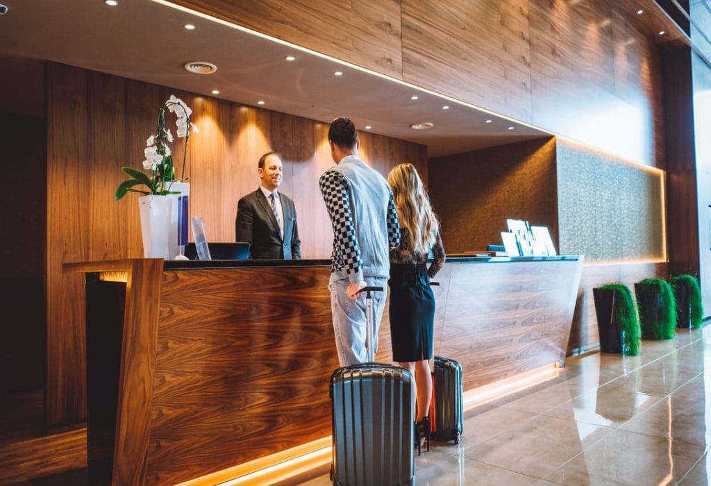 Hotel lobby with front desk staff