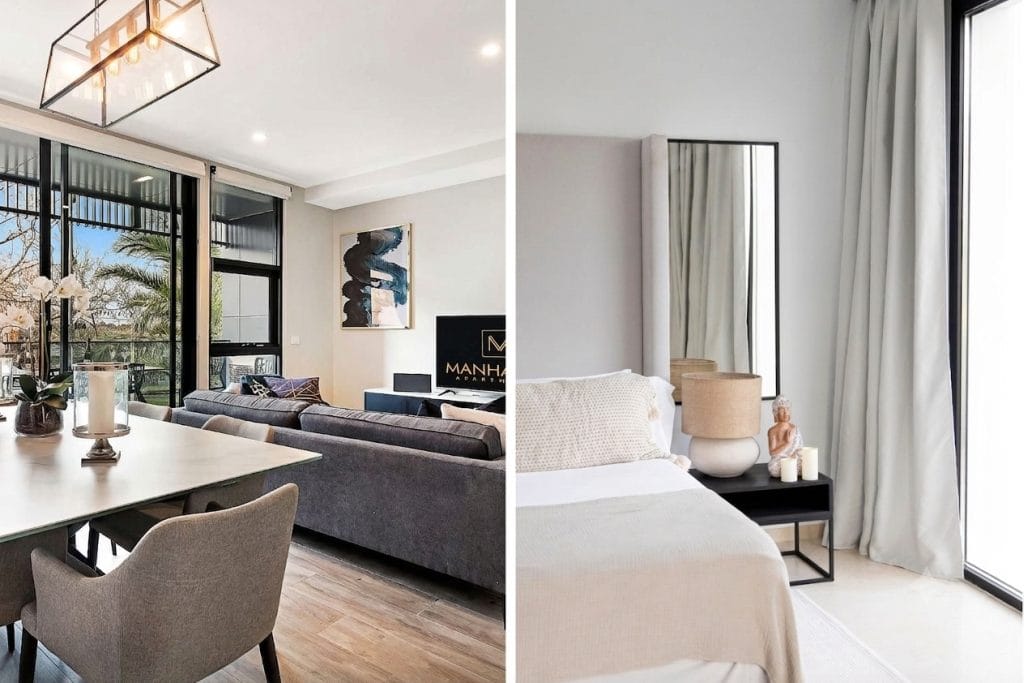 Hotel room and Airbnb apartment side by side comparison