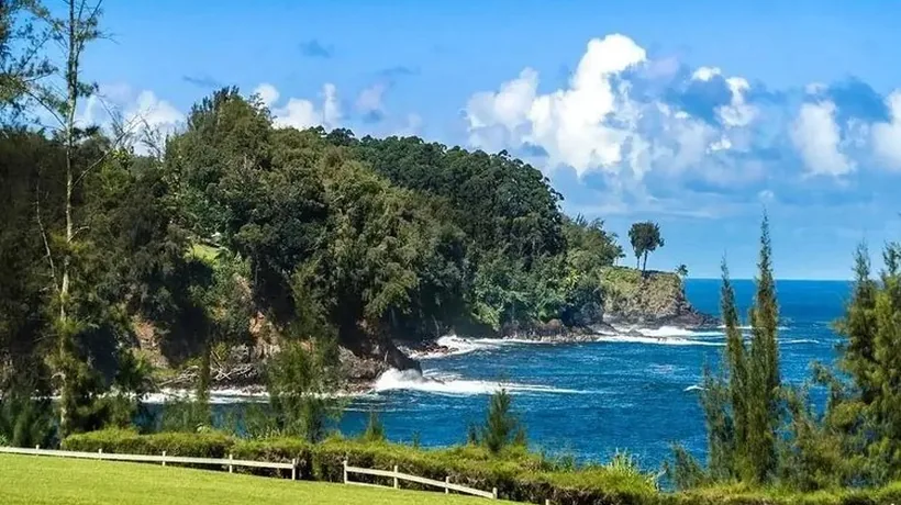 Hamakua Coast cliffs and ocean near Onomea Bay, Honomu, Big Island Hawaii