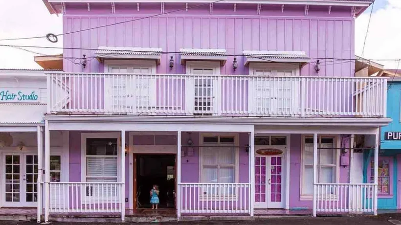 Historic painted plantation storefronts in Honomu village near Akaka Falls