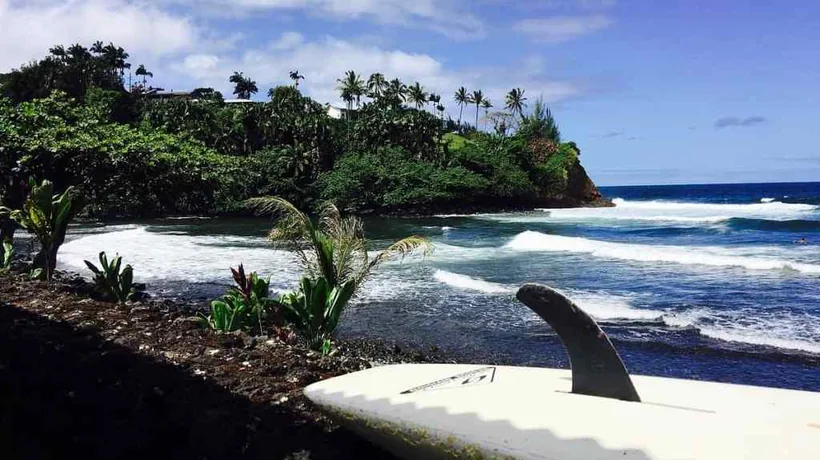 Surfboard at Kolekole Beach Park on the coast near Honomu, Hawaii