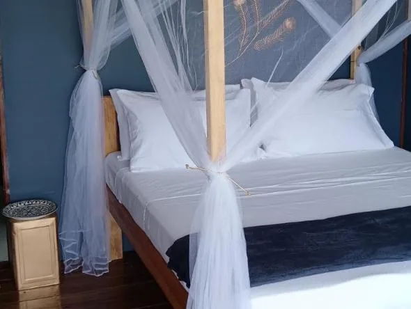 Guest room interior at The View - Jungle Lodges, Port Barton, with a wooden bed under a draped white mosquito net against a deep navy timber wall and white linens