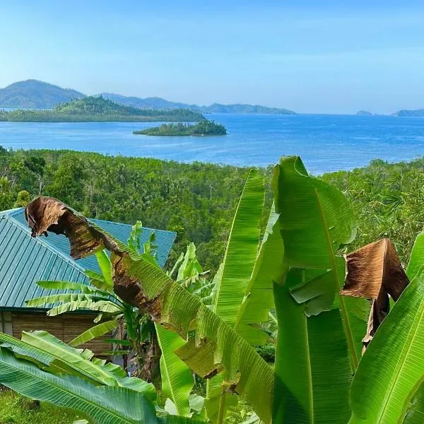 View from the hillside at The View - Jungle Lodges, Port Barton, over a neighbouring cottage roof and banana leaves toward the jungle-covered bay and outlying islands