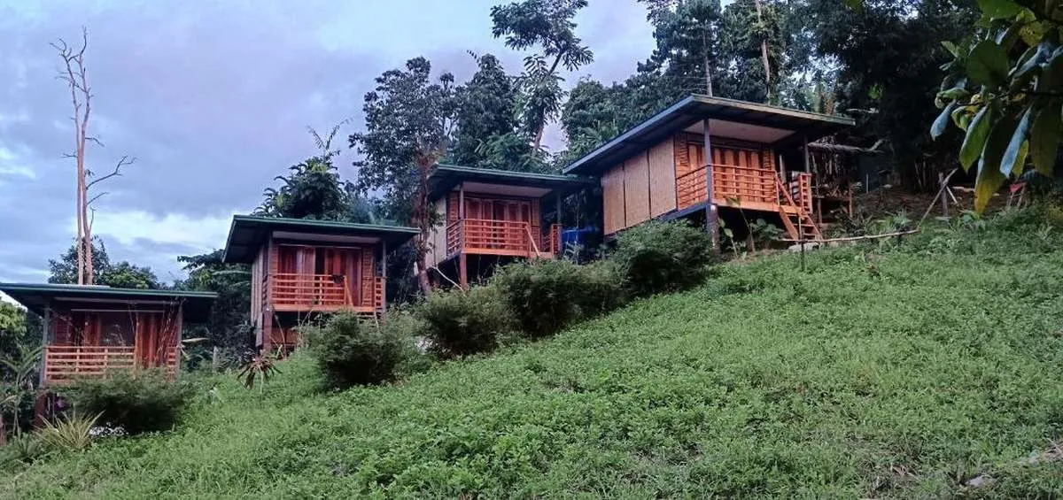 Row of stilted wooden lodges with covered porches at The View - Jungle Lodges, Port Barton, stepped down a tropical hillside