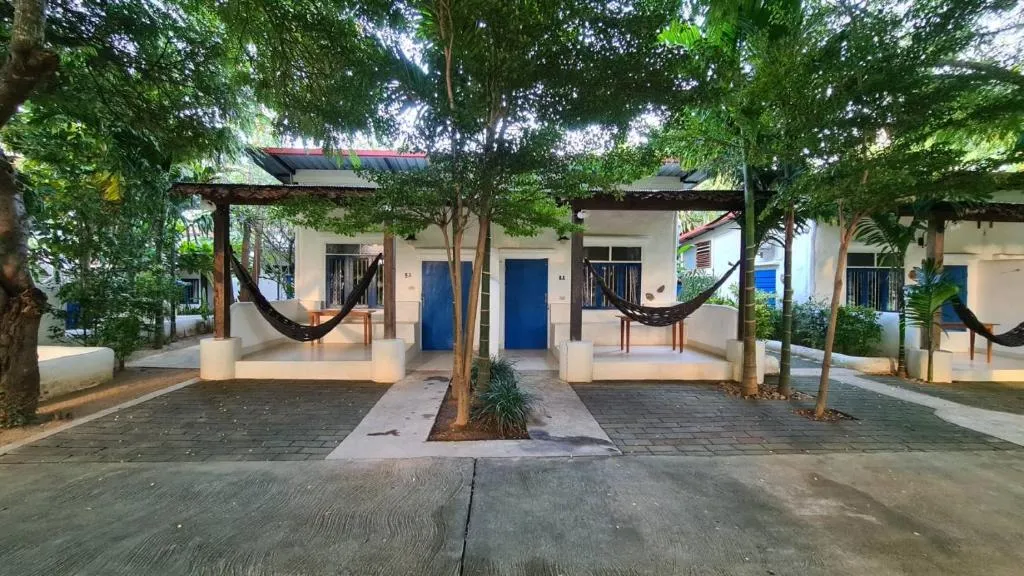 Row of white garden bungalows at Canary Guesthouse with blue doors and hammocks strung under shady trees